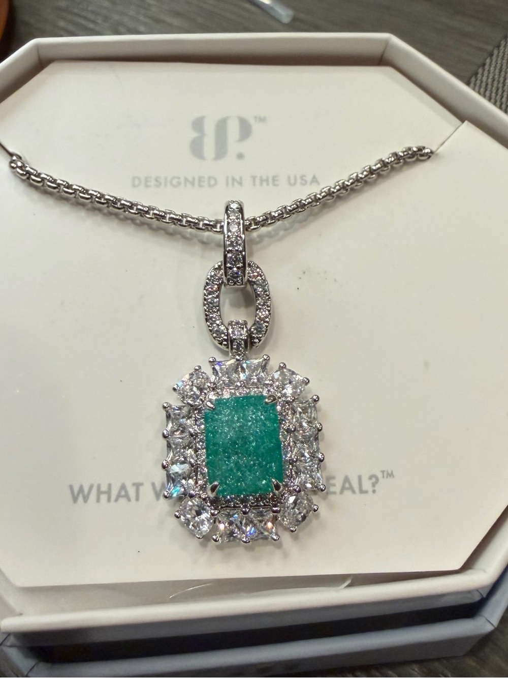 Sterling-Style Necklace with Green Cushion Center and Pavé Halo